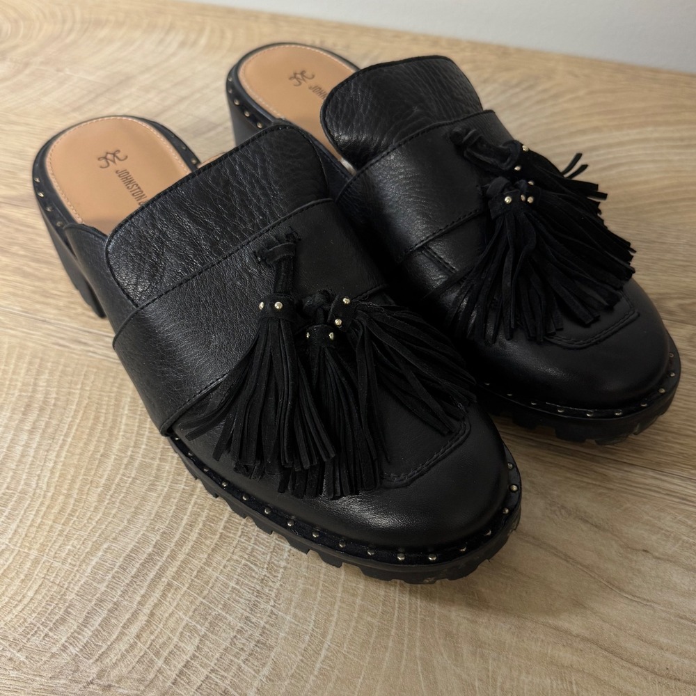 Johnston & Murphy Darry Black Leather Tassel Lug Sole Mules Shoes 9.5M